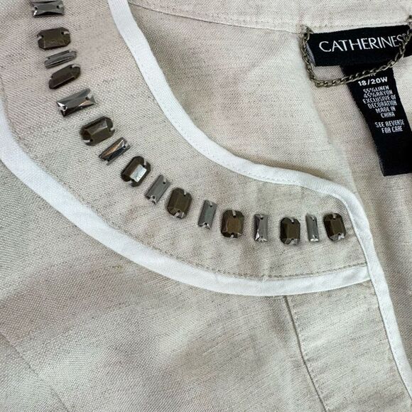 Catherines Blazer Jacket Womens 18/20W tan 3/4 Sleeve Linen Blend Piped Beaded - Picture 4 of 8